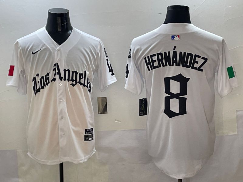 Men Los Angeles Dodgers 8 Hernandez White Five generations Joint Name 2025 Nike MLB Jersey style 1
